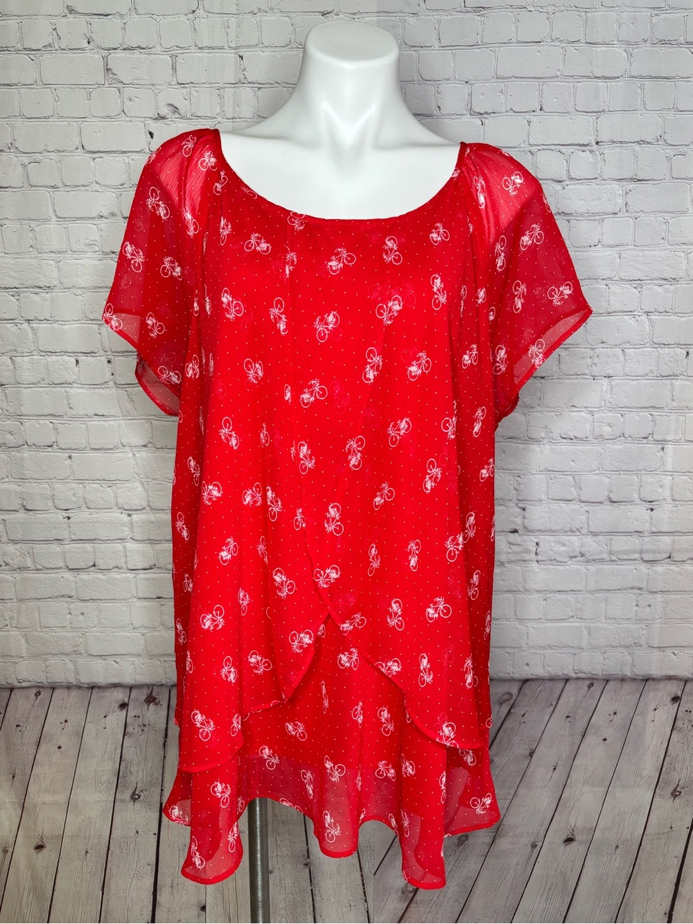 Roz & Ali Red Bicycle Print Short Sleeved Blouse Size 3X